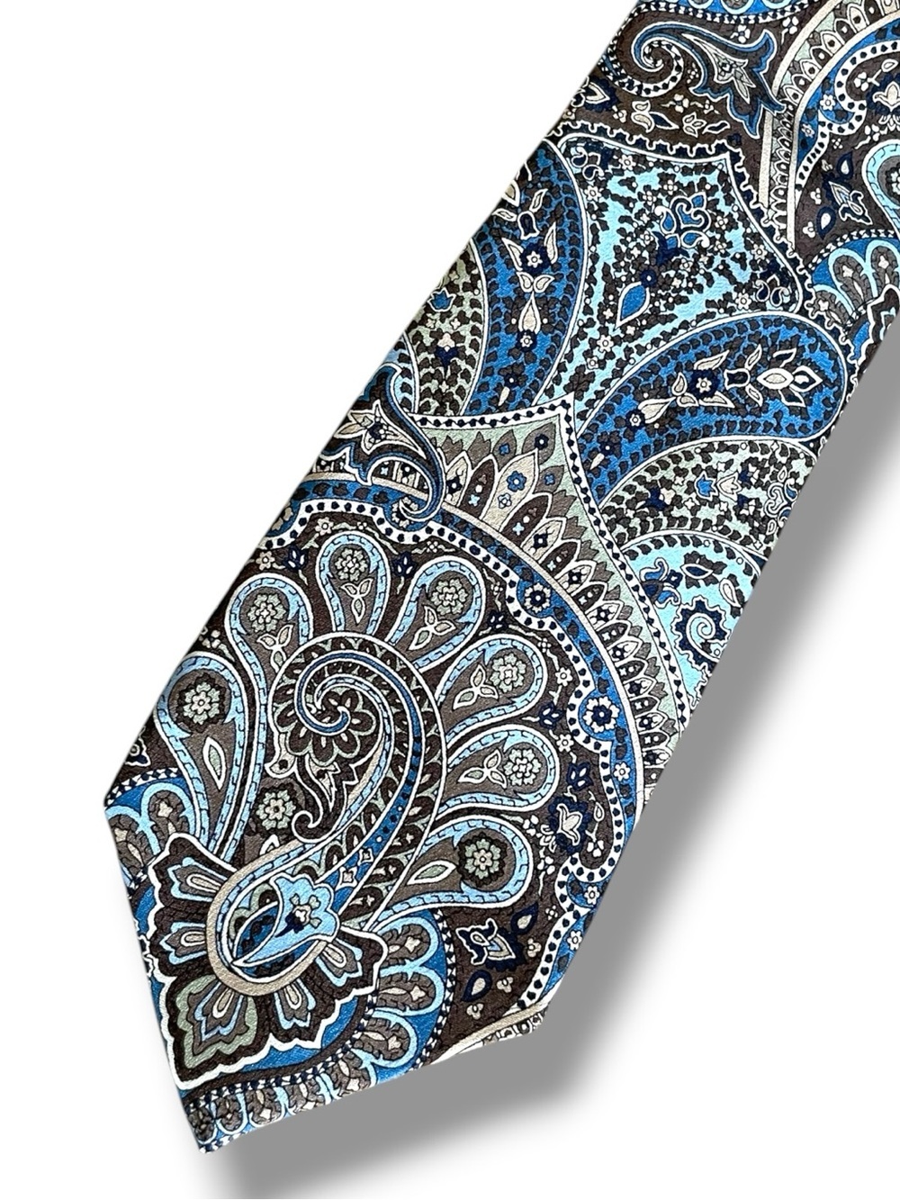 Silk Tie Burma Bibas Blue Paisley Mens 60” Long Designer Necktie Gray Brown